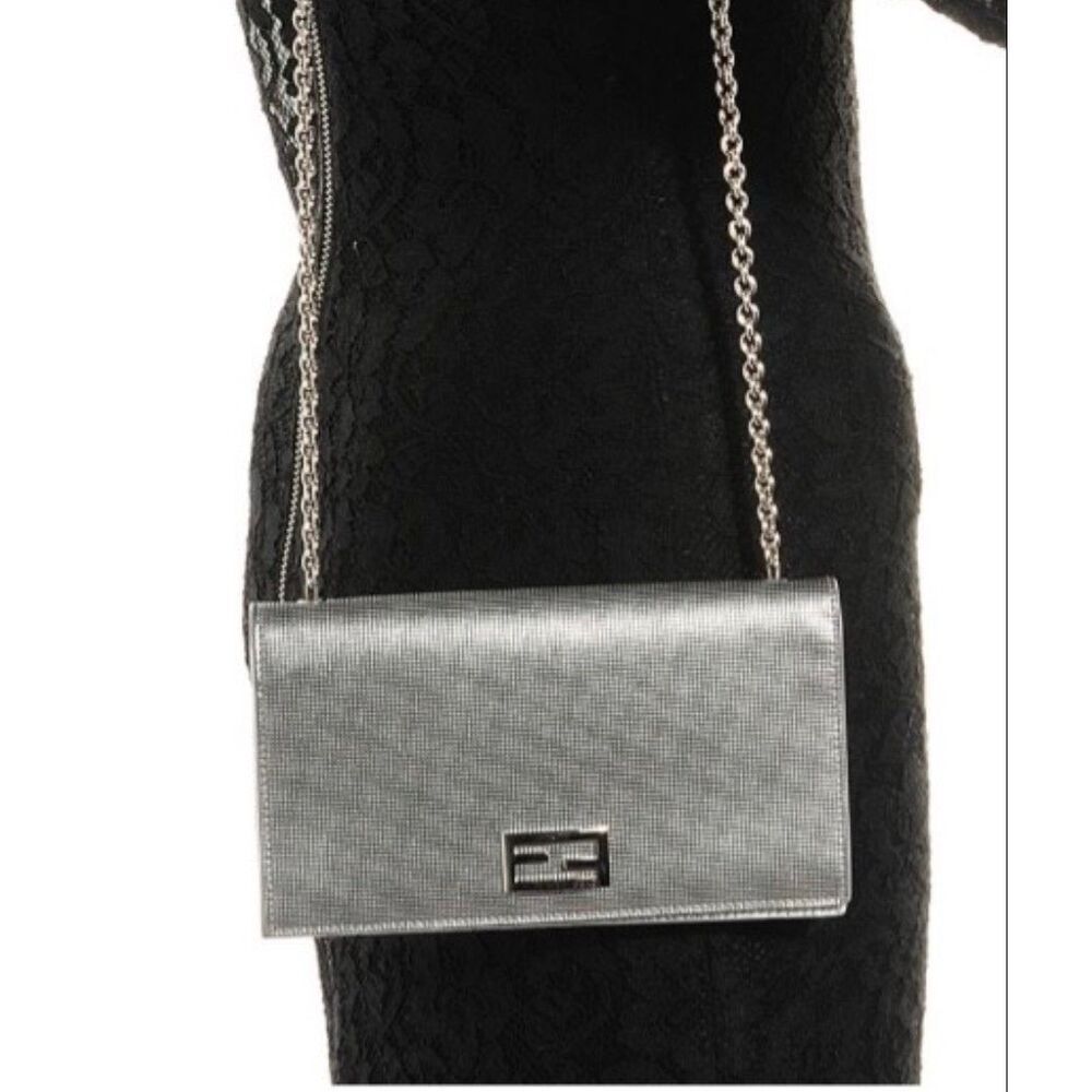 FENDI Metallic Calfskin Wallet On Chain Silver Clutch Purse AUTHENTIC $3800